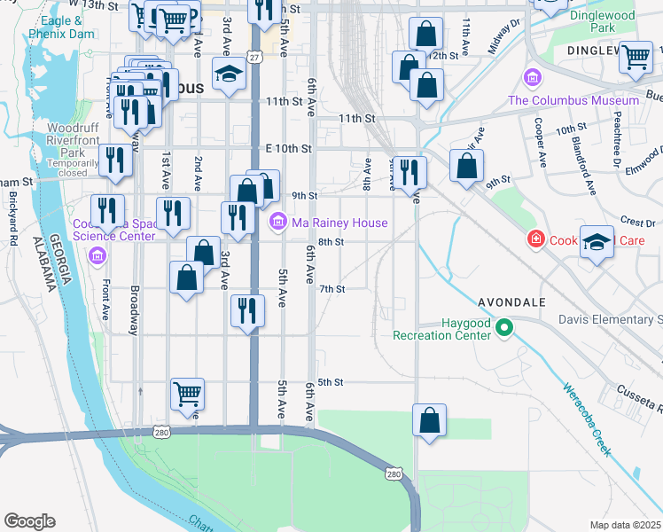 map of restaurants, bars, coffee shops, grocery stores, and more near 721 7th Avenue in Columbus
