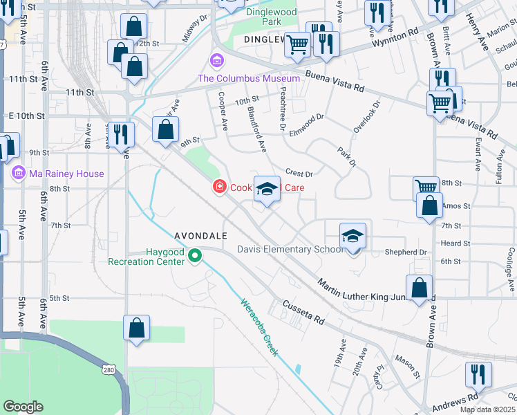 map of restaurants, bars, coffee shops, grocery stores, and more near 1400 Shepherd Drive in Columbus