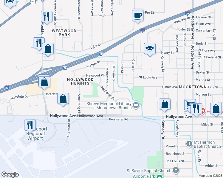 map of restaurants, bars, coffee shops, grocery stores, and more near 4646 Bethume Dr in Shreveport