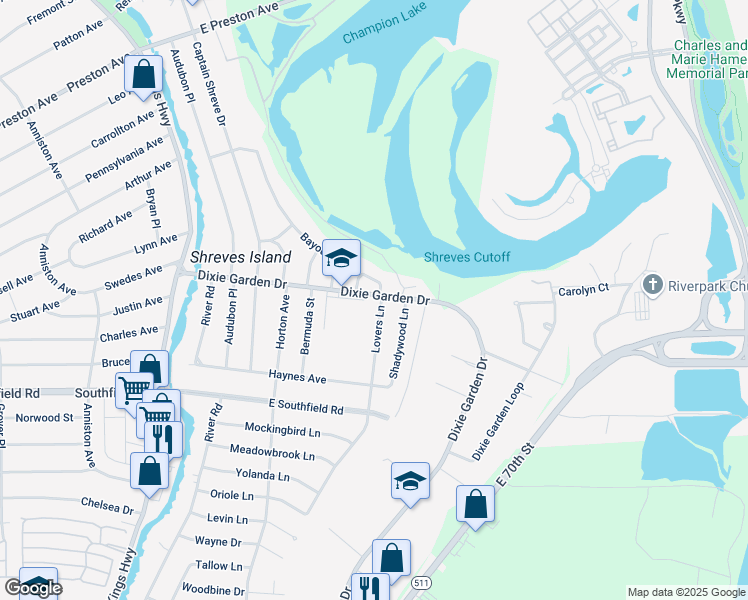 map of restaurants, bars, coffee shops, grocery stores, and more near 2002 Lovers Lane in Shreveport