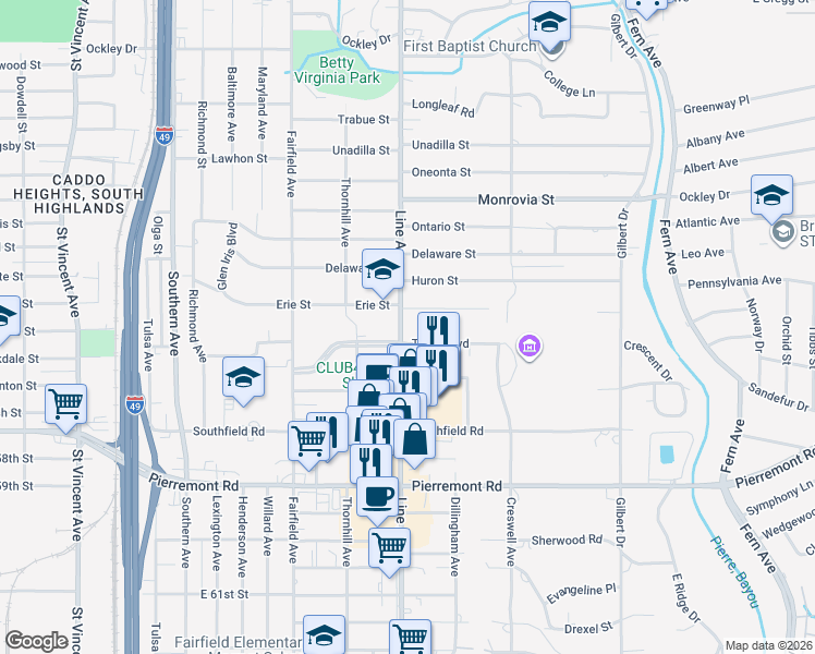 map of restaurants, bars, coffee shops, grocery stores, and more near 4611 Line Avenue in Shreveport