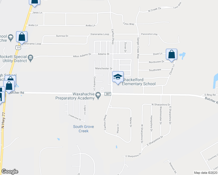 map of restaurants, bars, coffee shops, grocery stores, and more near 3005 Carlton Parkway in Waxahachie
