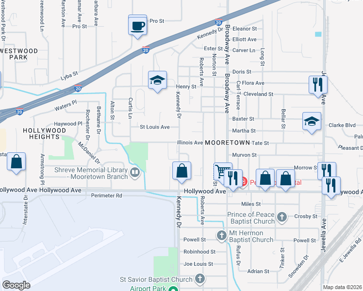 map of restaurants, bars, coffee shops, grocery stores, and more near 4251 Illinois Avenue in Shreveport