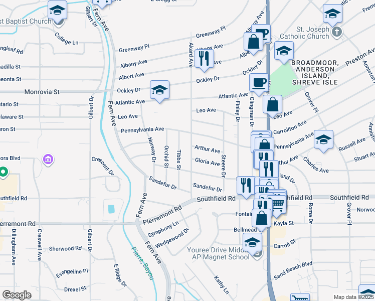 map of restaurants, bars, coffee shops, grocery stores, and more near 4510 Akard Avenue in Shreveport