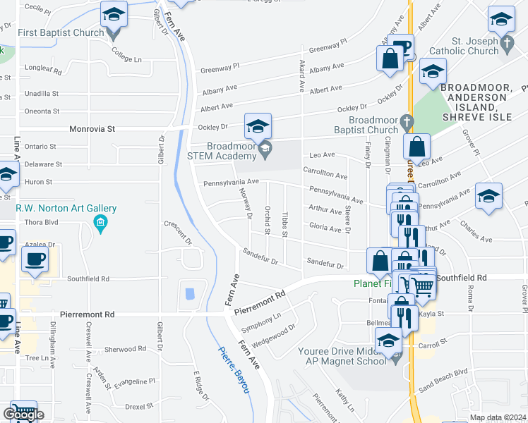 map of restaurants, bars, coffee shops, grocery stores, and more near 4438 Orchid Street in Shreveport