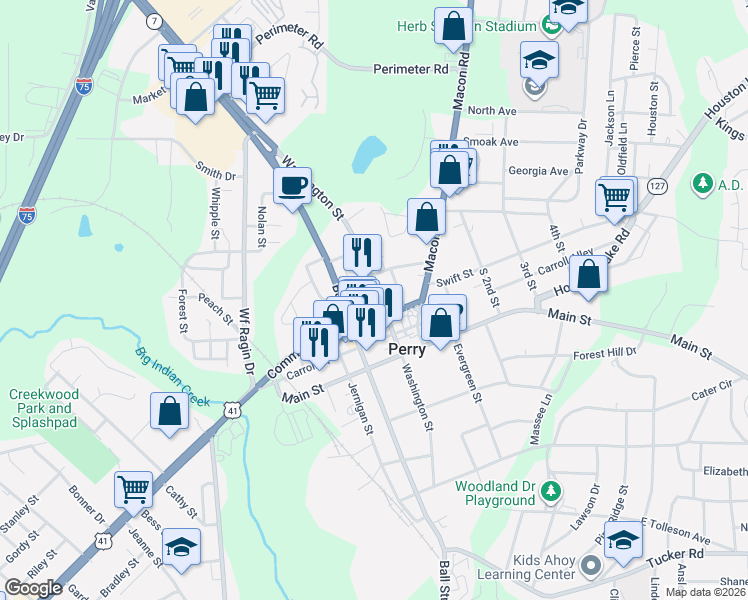 map of restaurants, bars, coffee shops, grocery stores, and more near 1109 Washington Street in Perry