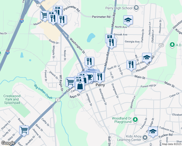 map of restaurants, bars, coffee shops, grocery stores, and more near 1109 Washington Street in Perry