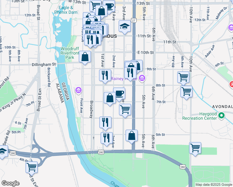 map of restaurants, bars, coffee shops, grocery stores, and more near in Columbus