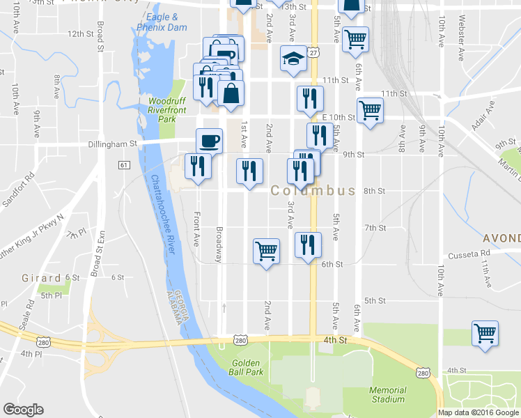 map of restaurants, bars, coffee shops, grocery stores, and more near 724 1st Avenue in Columbus