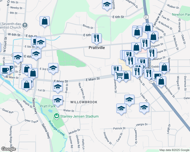 map of restaurants, bars, coffee shops, grocery stores, and more near in Prattville