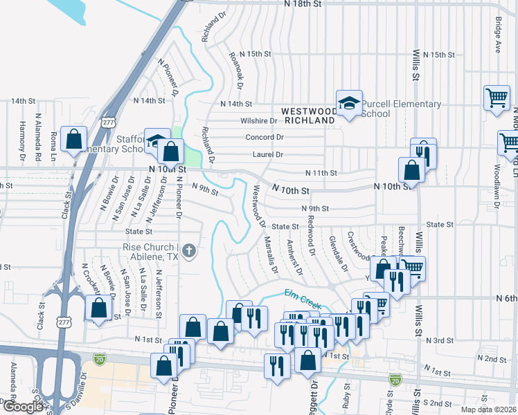 map of restaurants, bars, coffee shops, grocery stores, and more near 885 Westwood Drive in Abilene