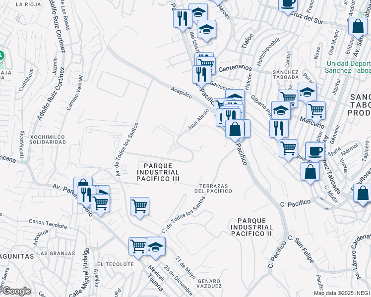 map of restaurants, bars, coffee shops, grocery stores, and more near 12422 Av Juan Alessio in Tijuana
