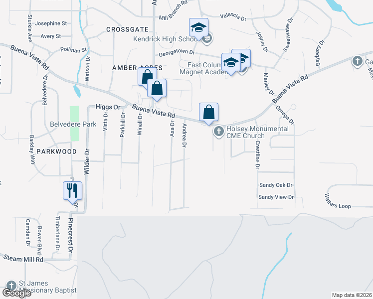 map of restaurants, bars, coffee shops, grocery stores, and more near 720 Andrea Drive in Columbus
