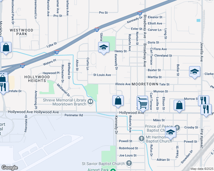 map of restaurants, bars, coffee shops, grocery stores, and more near 4345 Illinois Avenue in Shreveport