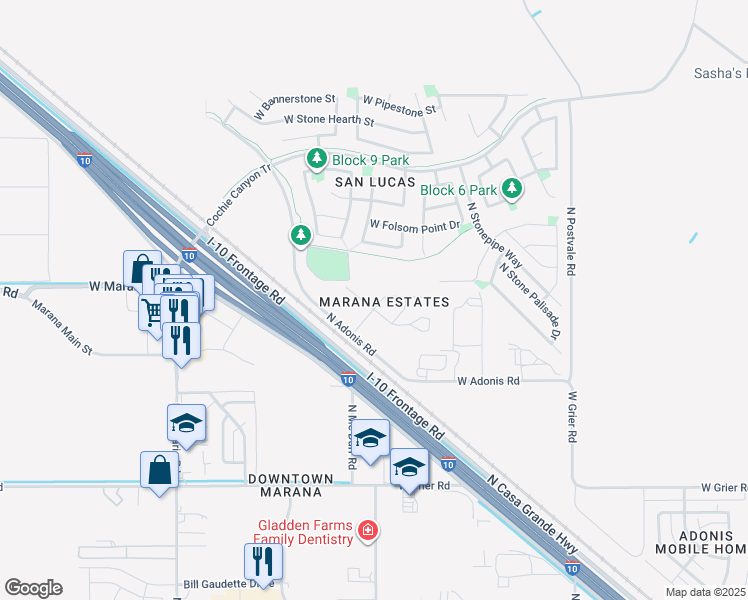 map of restaurants, bars, coffee shops, grocery stores, and more near 11356 West Tortolita Street in Marana