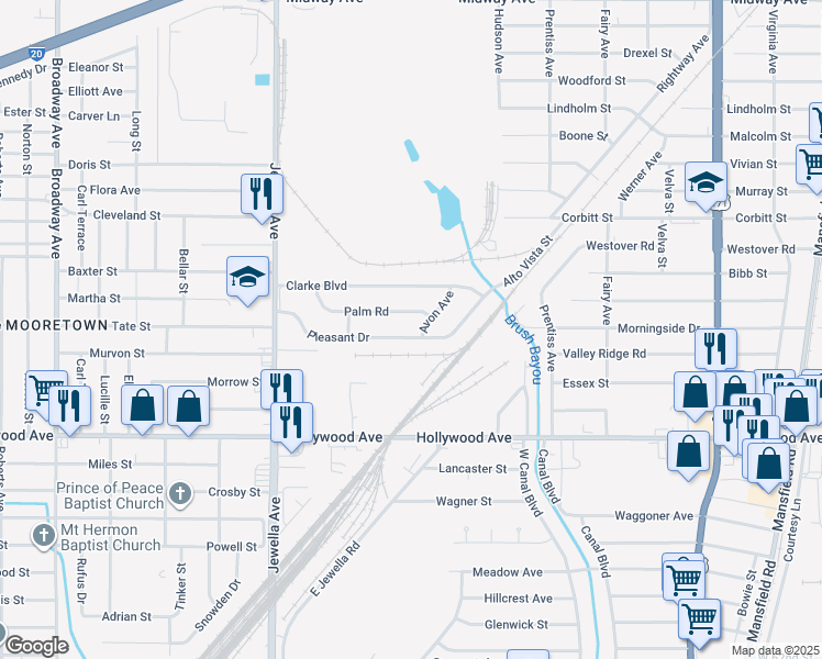 map of restaurants, bars, coffee shops, grocery stores, and more near 3416 Pleasant Drive in Shreveport