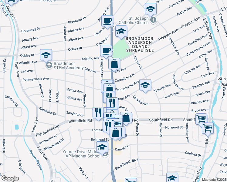 map of restaurants, bars, coffee shops, grocery stores, and more near 4405 Youree Drive in Shreveport