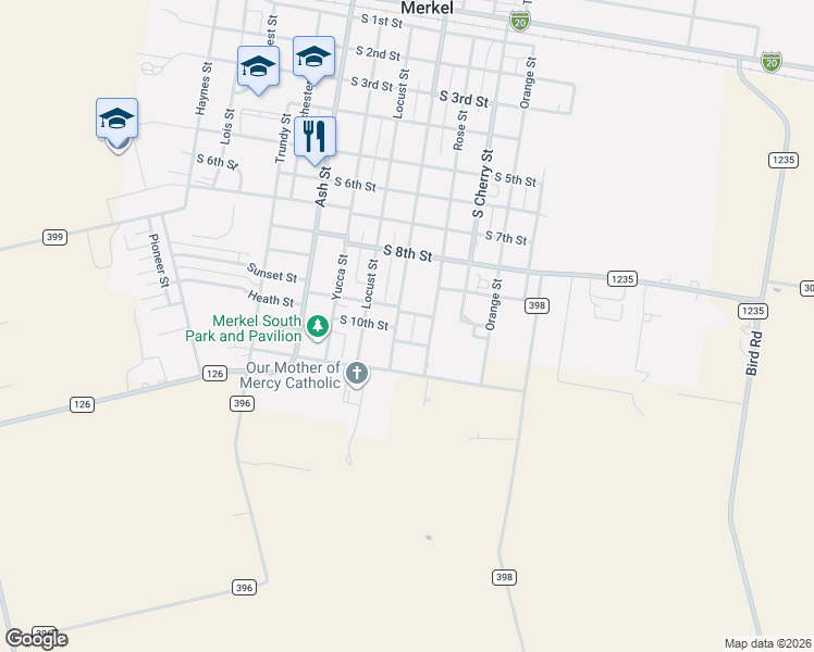map of restaurants, bars, coffee shops, grocery stores, and more near 907 Oak Street in Merkel