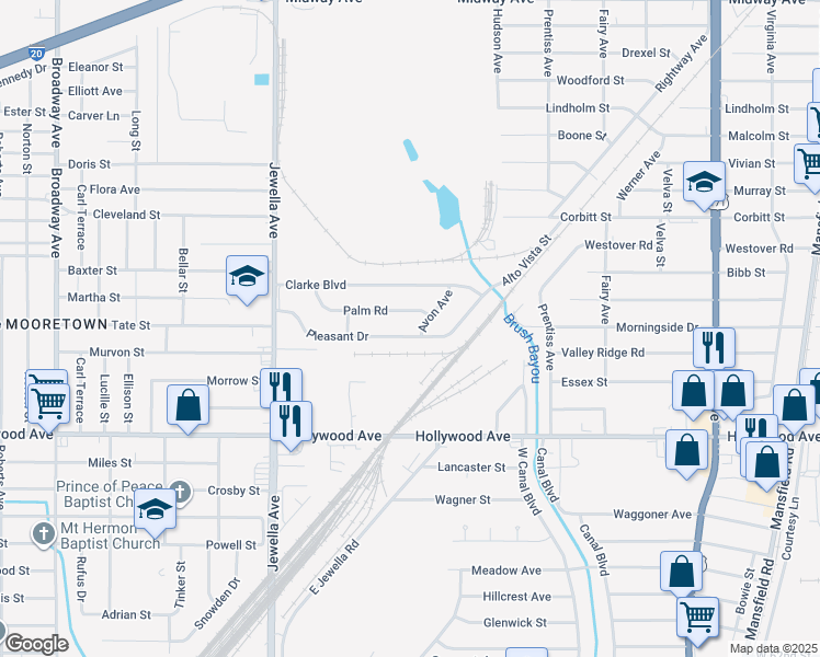 map of restaurants, bars, coffee shops, grocery stores, and more near 3416 Pleasant Drive in Shreveport