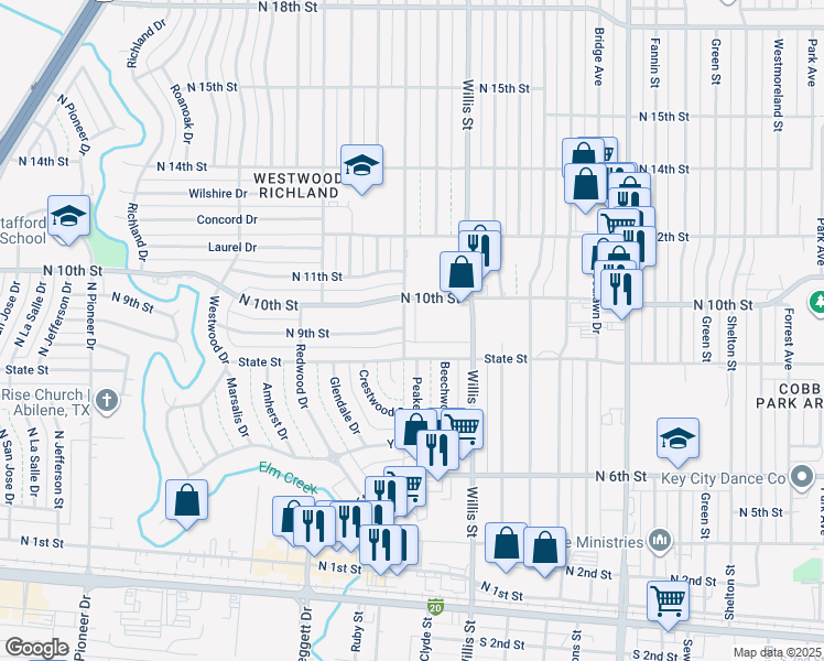 map of restaurants, bars, coffee shops, grocery stores, and more near 937 Minter Lane in Abilene