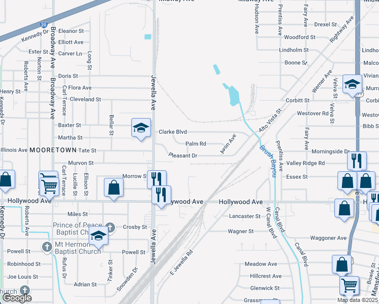 map of restaurants, bars, coffee shops, grocery stores, and more near 3466 Pleasant Drive in Shreveport