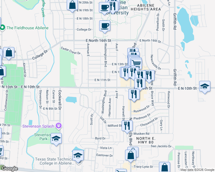 map of restaurants, bars, coffee shops, grocery stores, and more near 1001 Washington Boulevard in Abilene