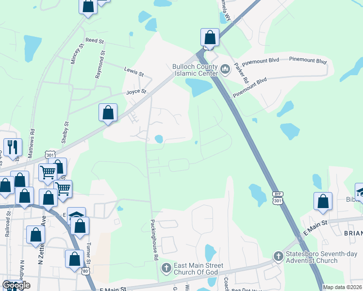 map of restaurants, bars, coffee shops, grocery stores, and more near 524 Acorn Lane in Statesboro