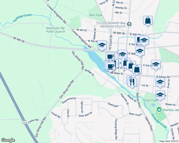 map of restaurants, bars, coffee shops, grocery stores, and more near 140 Bridge Street in Prattville