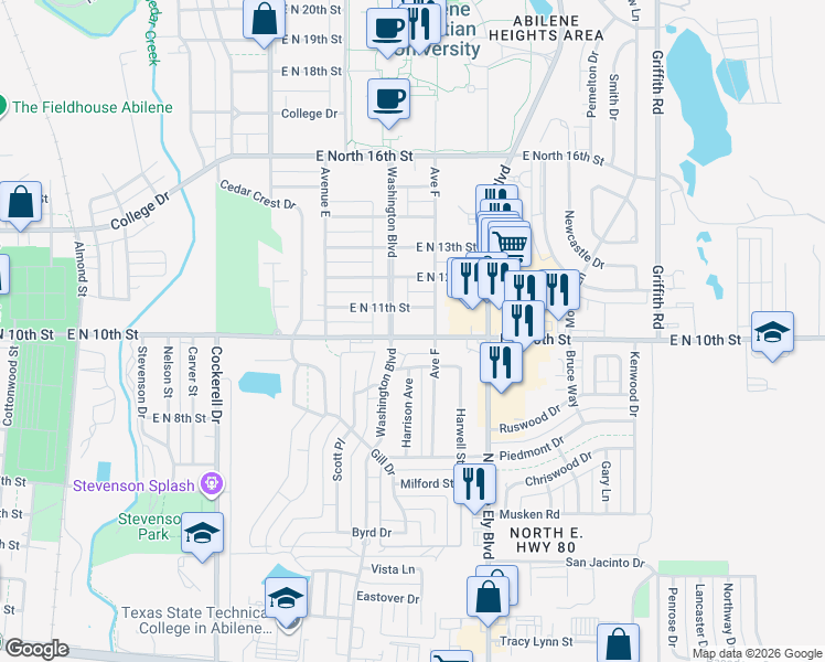 map of restaurants, bars, coffee shops, grocery stores, and more near 1001 Washington Boulevard in Abilene
