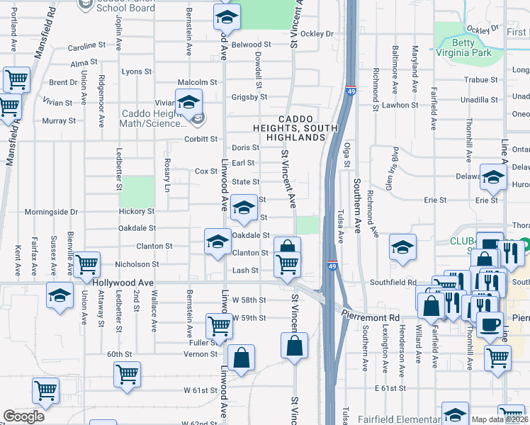 map of restaurants, bars, coffee shops, grocery stores, and more near 1456 Camille Street in Shreveport