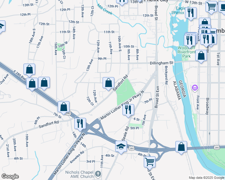 map of restaurants, bars, coffee shops, grocery stores, and more near 924 County Road 28 in Phenix City