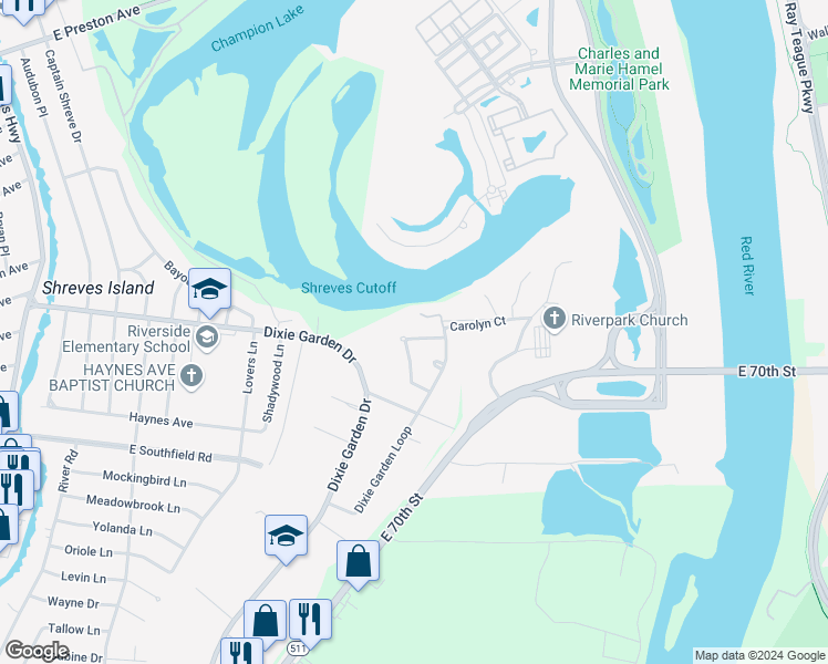 map of restaurants, bars, coffee shops, grocery stores, and more near 4712 Carolyn Lane in Shreveport