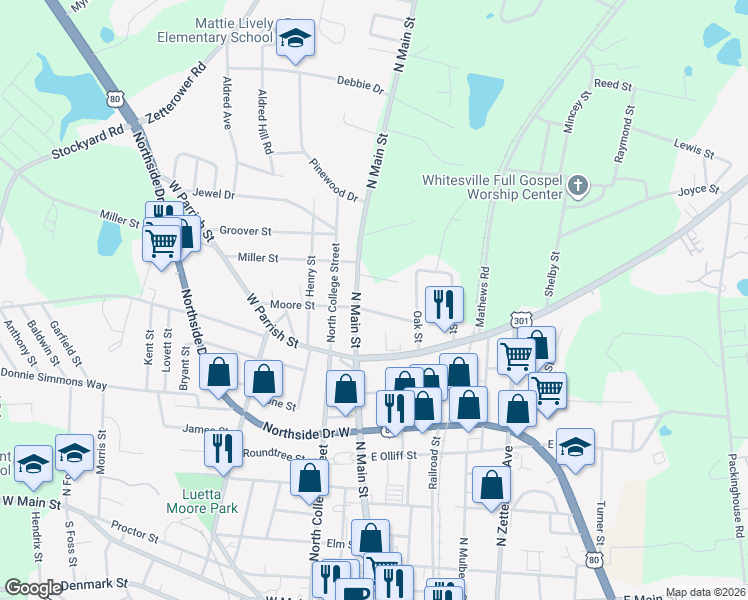 map of restaurants, bars, coffee shops, grocery stores, and more near 3 East Moore Street in Statesboro