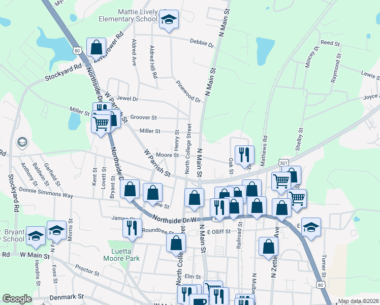 map of restaurants, bars, coffee shops, grocery stores, and more near 308a North College Street in Statesboro
