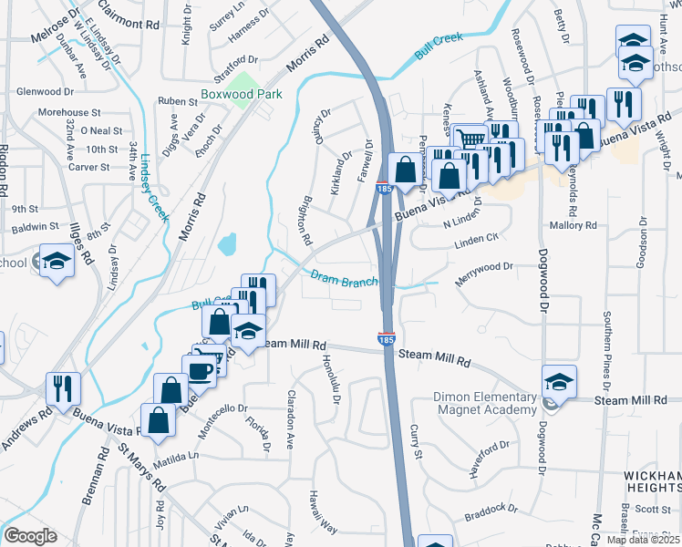 map of restaurants, bars, coffee shops, grocery stores, and more near 3700 Buena Vista Road in Columbus