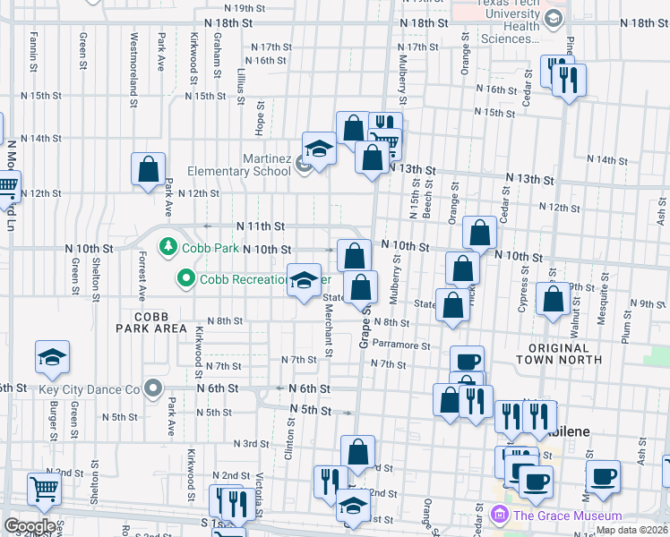 map of restaurants, bars, coffee shops, grocery stores, and more near 1774 North 9th Street in Abilene