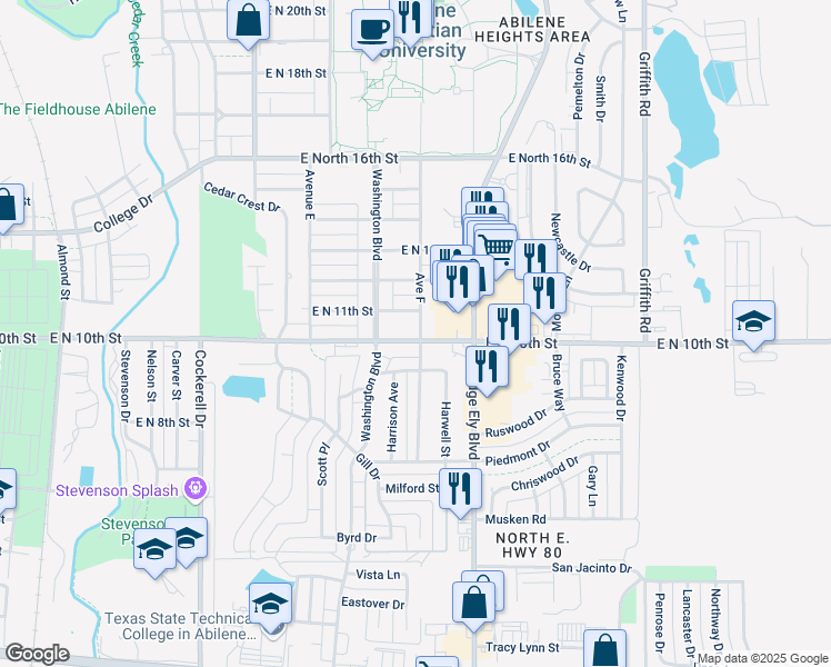 map of restaurants, bars, coffee shops, grocery stores, and more near 850 East North 10th Street in Abilene