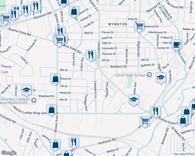 map of restaurants, bars, coffee shops, grocery stores, and more near 744 Lawyers Lane in Columbus
