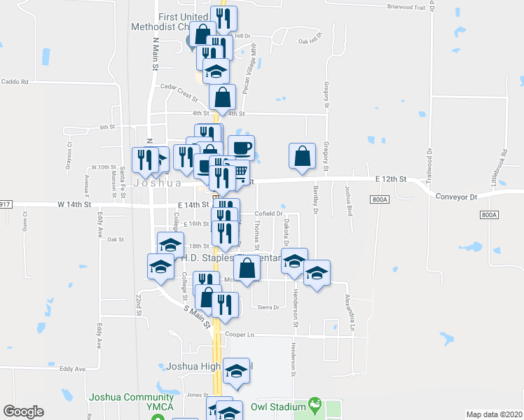 map of restaurants, bars, coffee shops, grocery stores, and more near 111 Thomas Street in Joshua