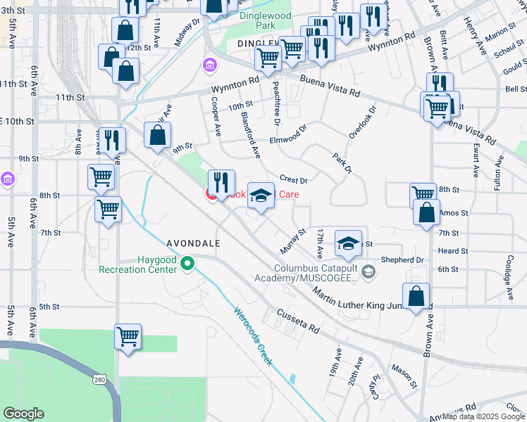 map of restaurants, bars, coffee shops, grocery stores, and more near 1403 Shepherd Drive in Columbus