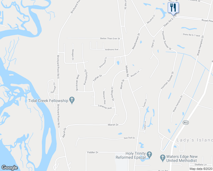 map of restaurants, bars, coffee shops, grocery stores, and more near 22 Marquis Way in Beaufort