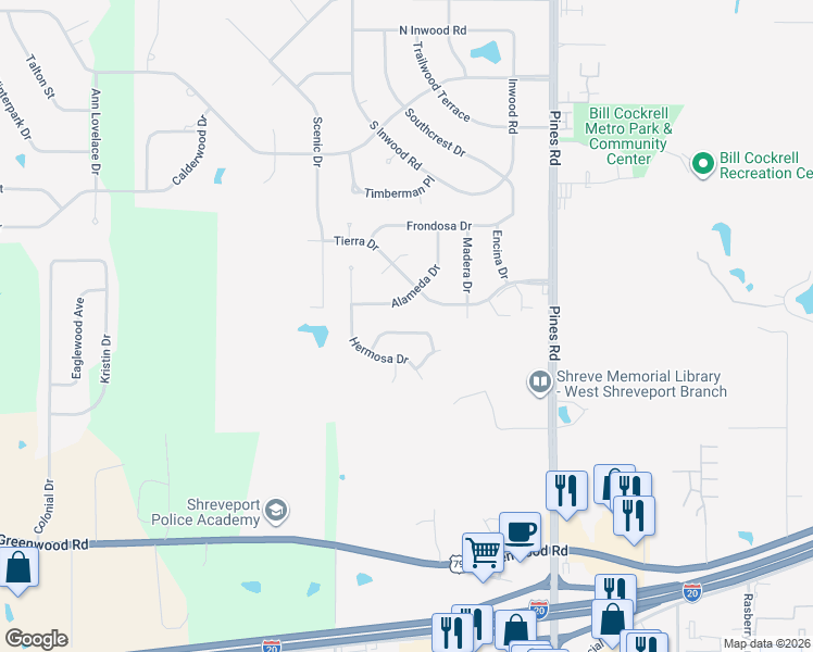 map of restaurants, bars, coffee shops, grocery stores, and more near 6318 Crosswind Drive in Shreveport