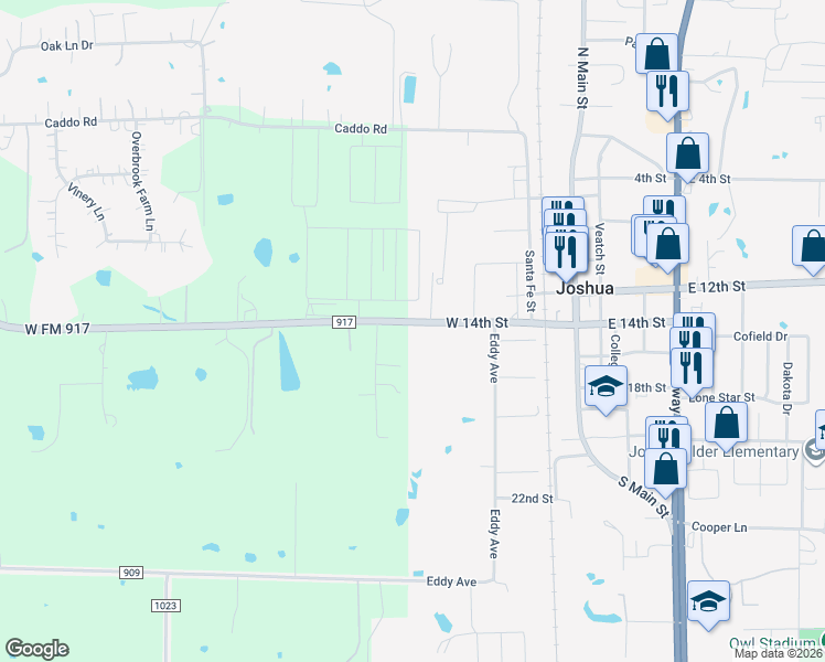 map of restaurants, bars, coffee shops, grocery stores, and more near 701 Farm to Market Road 917 in Joshua