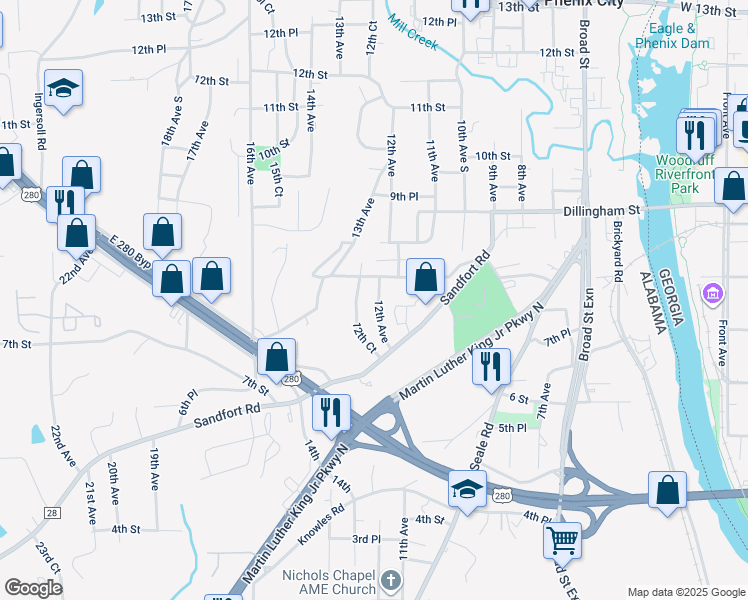 map of restaurants, bars, coffee shops, grocery stores, and more near 717 12th Avenue in Phenix City