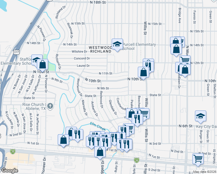 map of restaurants, bars, coffee shops, grocery stores, and more near 3688 North 9th Street in Abilene
