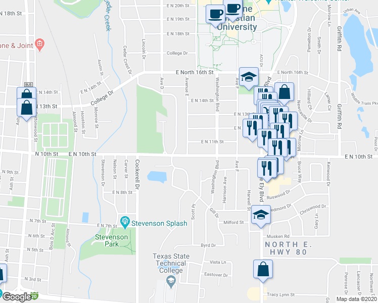 map of restaurants, bars, coffee shops, grocery stores, and more near 702 East North 10th Street in Abilene