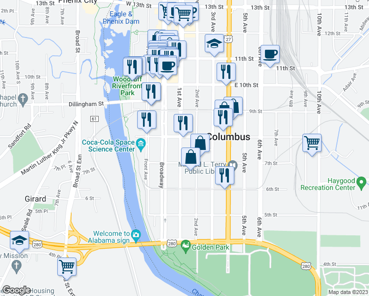 map of restaurants, bars, coffee shops, grocery stores, and more near 728 1st Avenue in Columbus