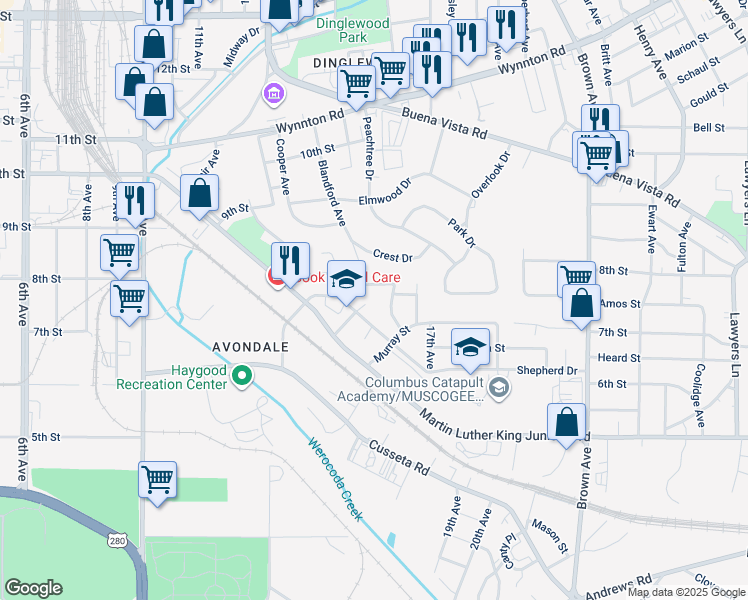 map of restaurants, bars, coffee shops, grocery stores, and more near 3 Battle Court in Columbus