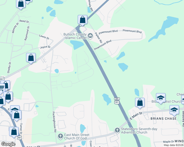 map of restaurants, bars, coffee shops, grocery stores, and more near 34 Ramble Road in Statesboro