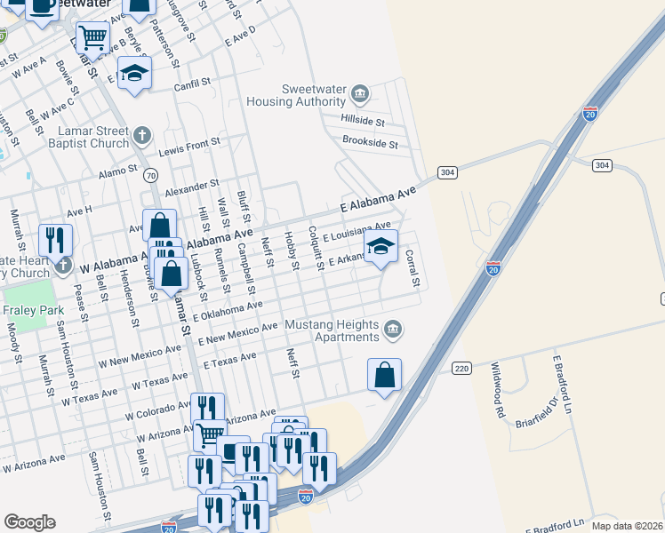 map of restaurants, bars, coffee shops, grocery stores, and more near 704 East Arkansas Avenue in Sweetwater